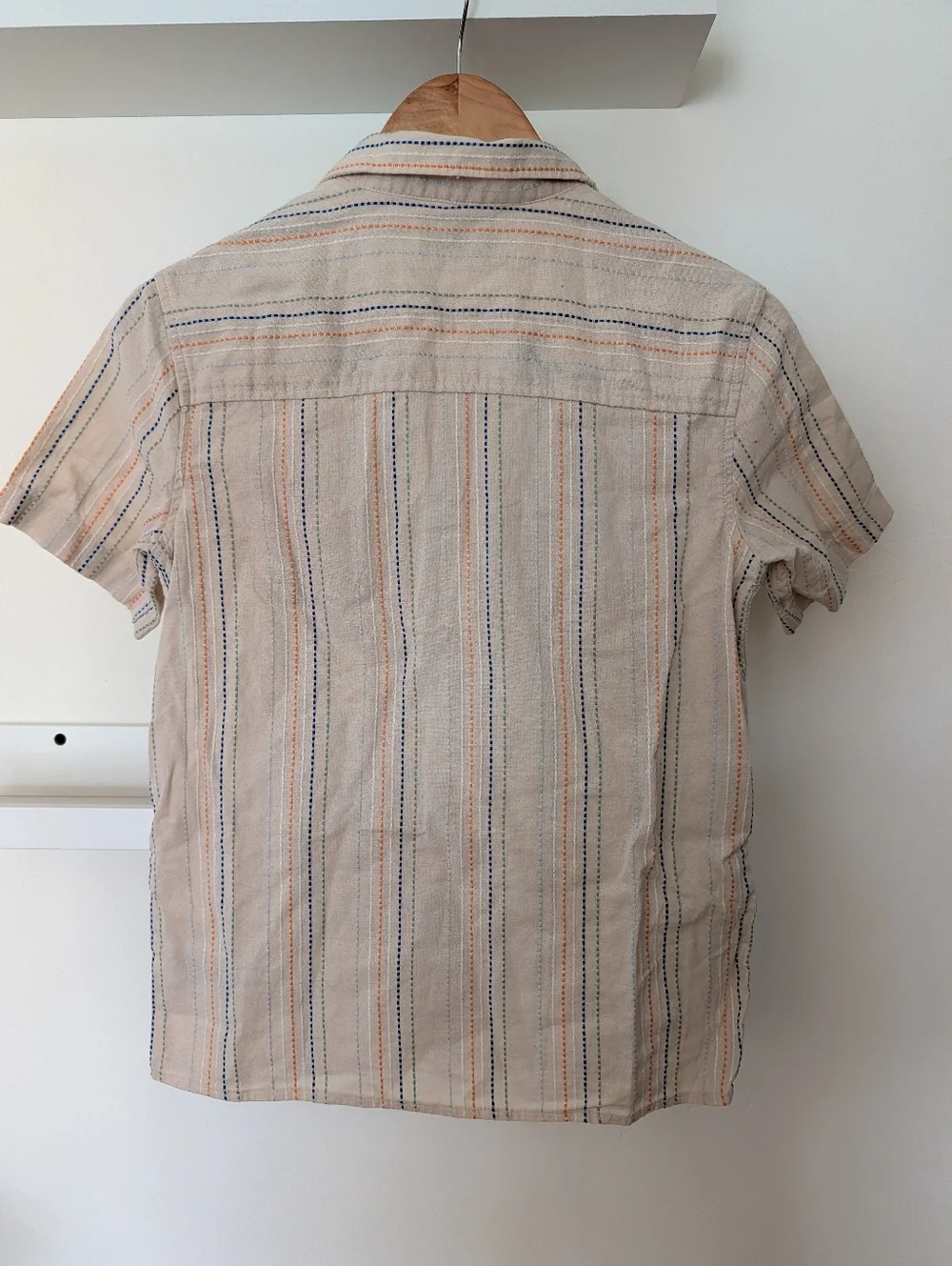 Old Navy Kids 100% Cotton L 10-12 Cream Striped Short Sleeve Button-Up Shirt